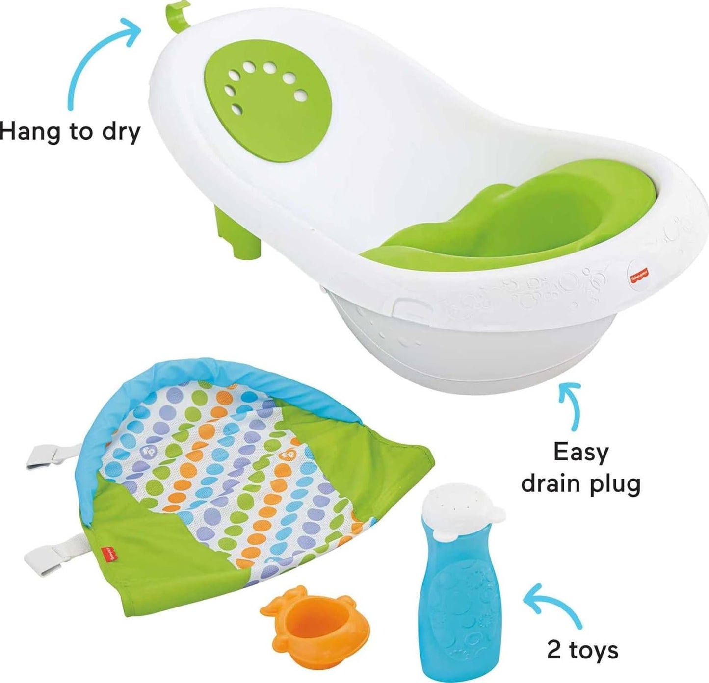 Fisher-Price Baby Bath Tub, 4-in-1 Newborn to Toddler Tub with Bath Toys, Green, Unisex, Plastic