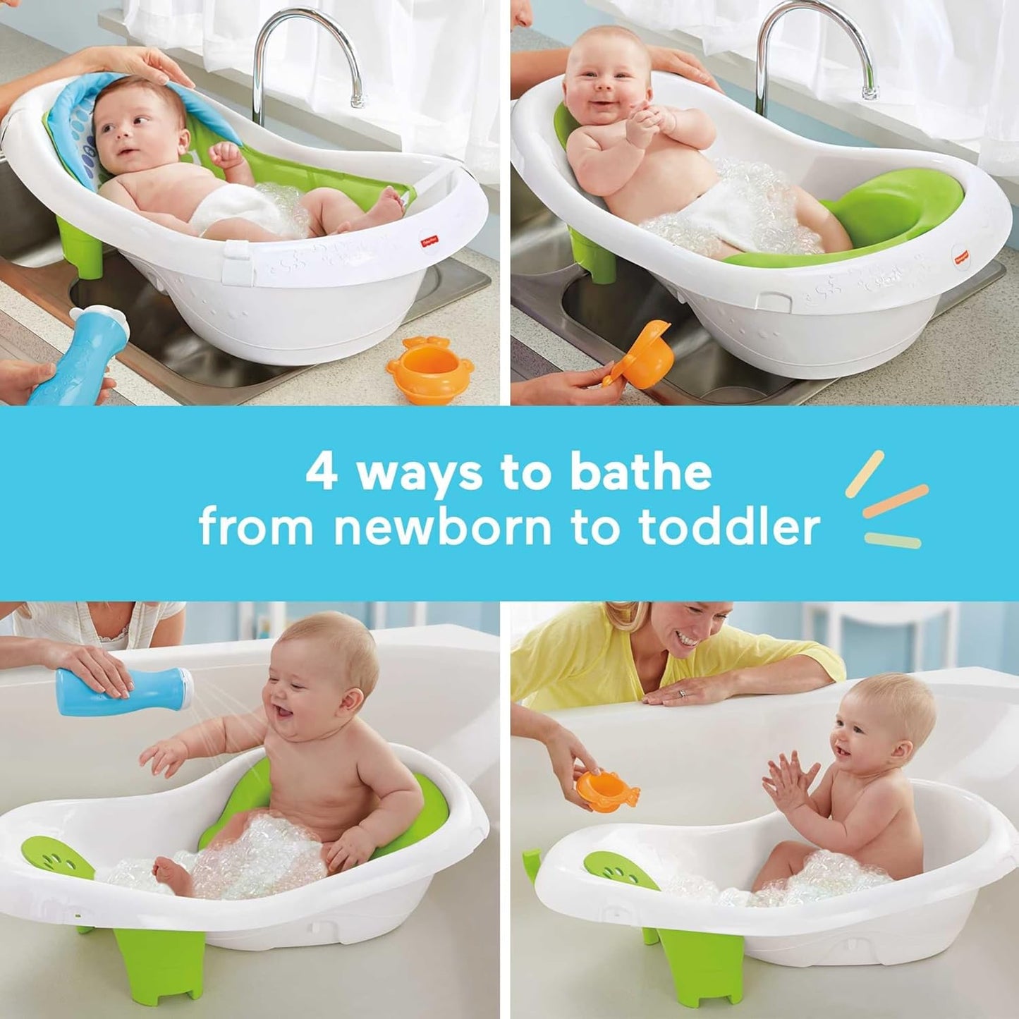 Fisher-Price Baby Bath Tub, 4-in-1 Newborn to Toddler Tub with Bath Toys, Green, Unisex, Plastic