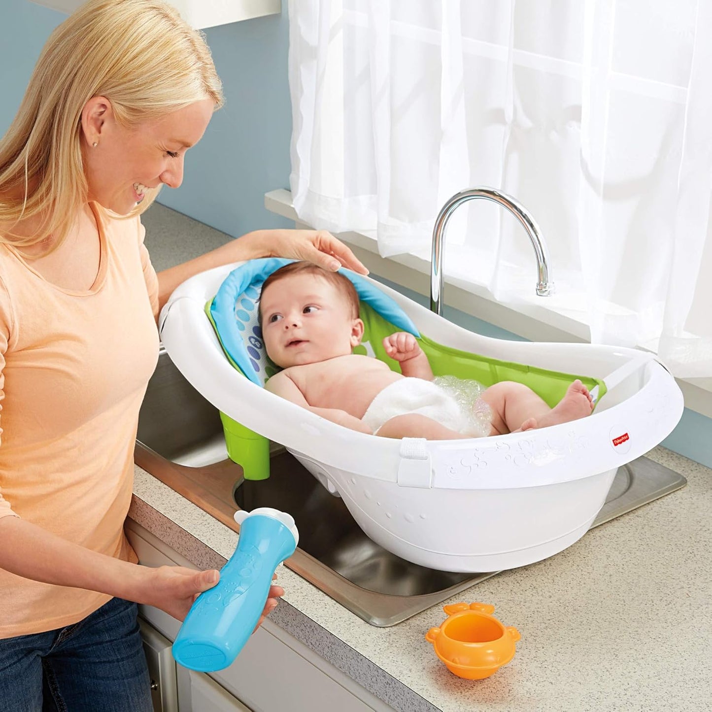 Fisher-Price Baby Bath Tub, 4-in-1 Newborn to Toddler Tub with Bath Toys, Green, Unisex, Plastic
