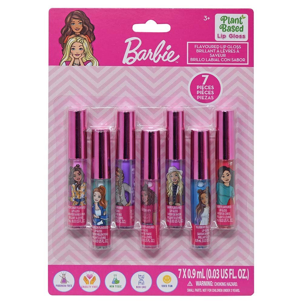 Barbie 7-Pack Lip Gloss Set Non Toxic, Plant Based, Paraben Free