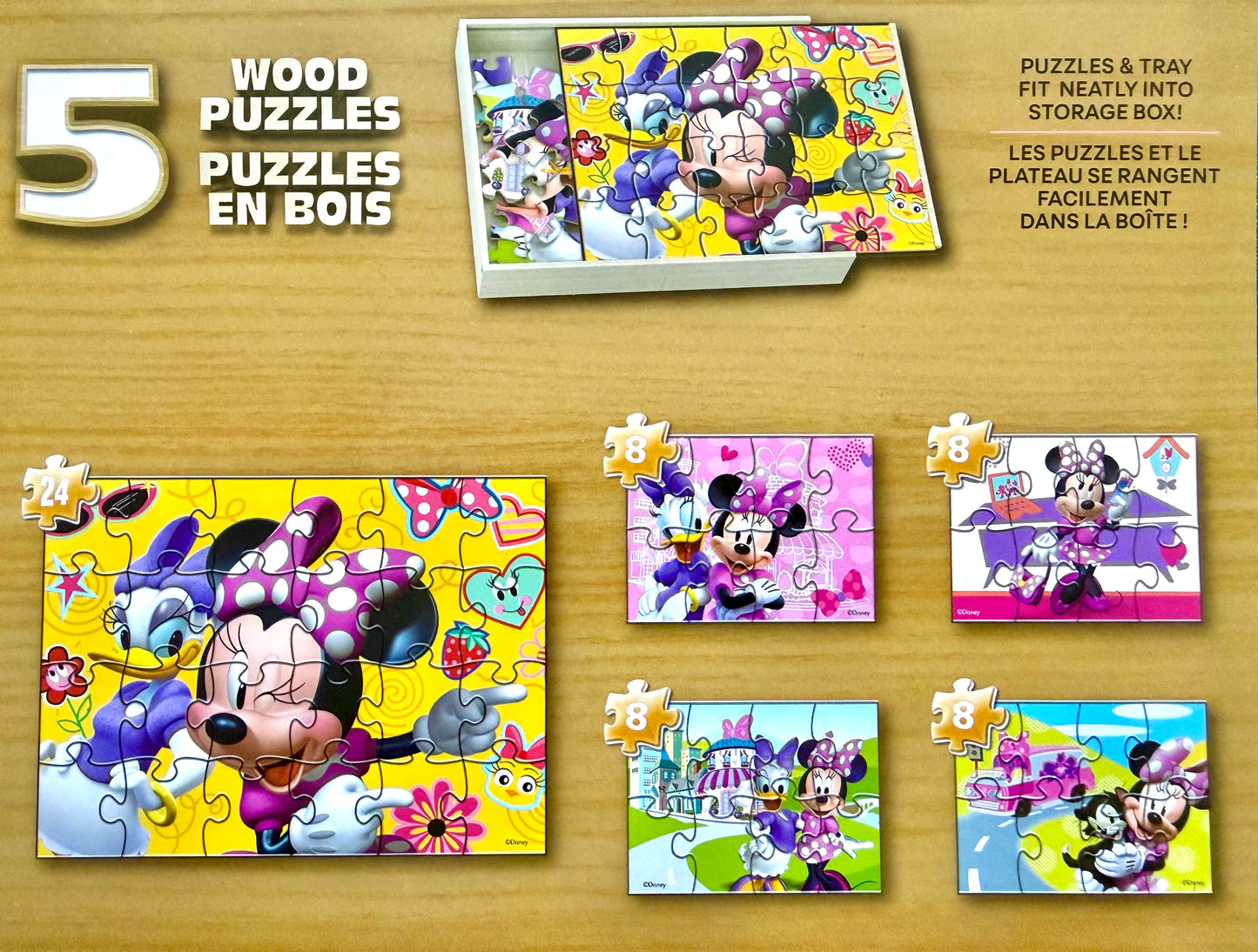 Disney's Minnie Mouse 5-Pack Faux Wood Puzzle Set in Wooden Storage Box